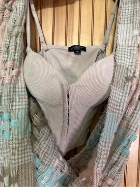 Say What? Ribbed Light Taupe Bustier Top with Hook Front